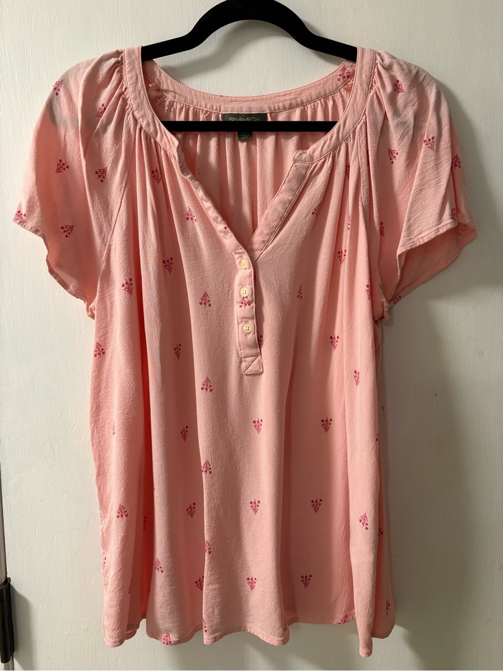 Style & Co. Pink Short-Sleeve Henley Blouse with Subtle Motif